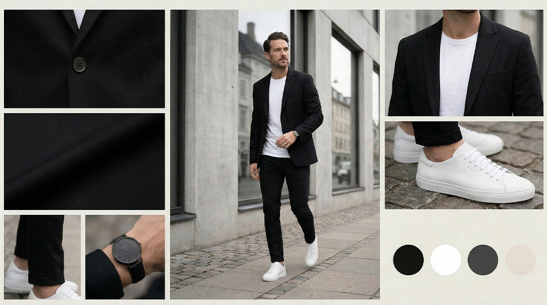 outfit de hombre de una sesion de fotos preboda en Barcelona con traje casual