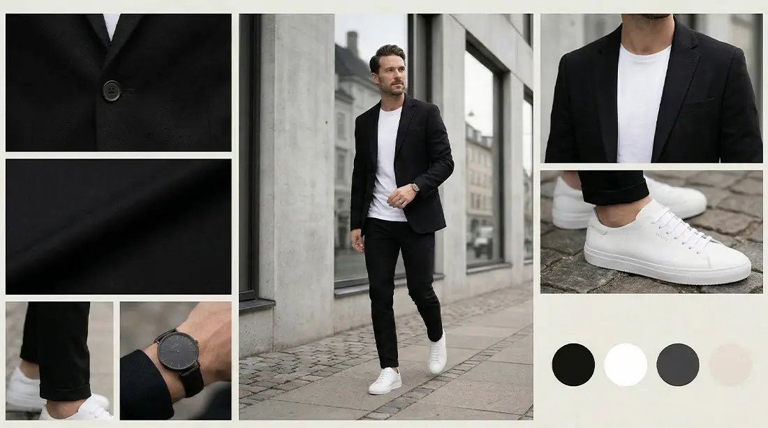 outfit de hombre de una sesion de fotos preboda en Barcelona con traje casual